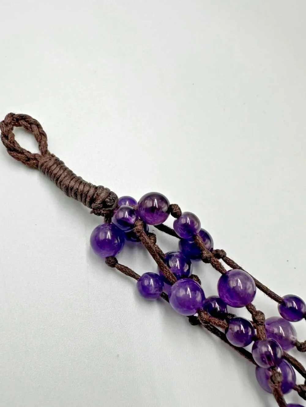 Amethyst Beaded Bracelet Sterling Silver Heart Clasp Brown Cord Bohemian 6